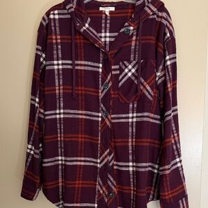 Plaid Hooded Button-Up Shirt - Burgundy, Rust & White